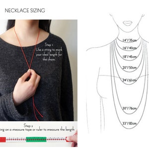 May include: Diagram showing how to measure your neck for necklace sizing. Use a string to mark your ideal length, then measure the string with a ruler or tape measure. The diagram shows different necklace lengths in inches and centimeters.