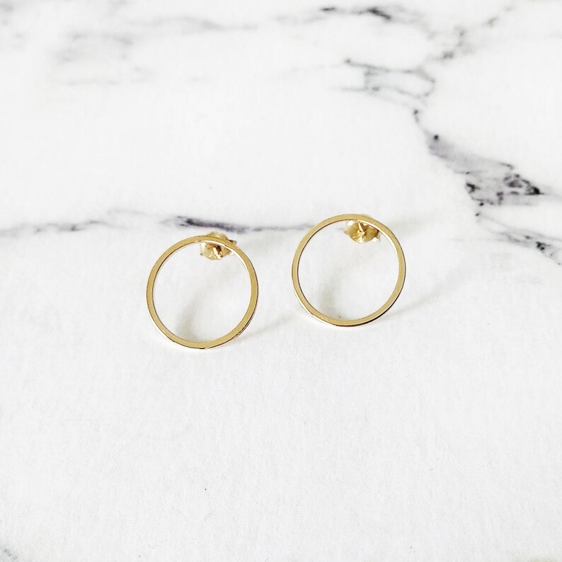 14K Solid Gold Circle Earrings, Circle Stud Earrings, Hoop Studs Posts, Geometric Earrings, Open Circle Studs, Simple Everyday Earrings, 9K image 2