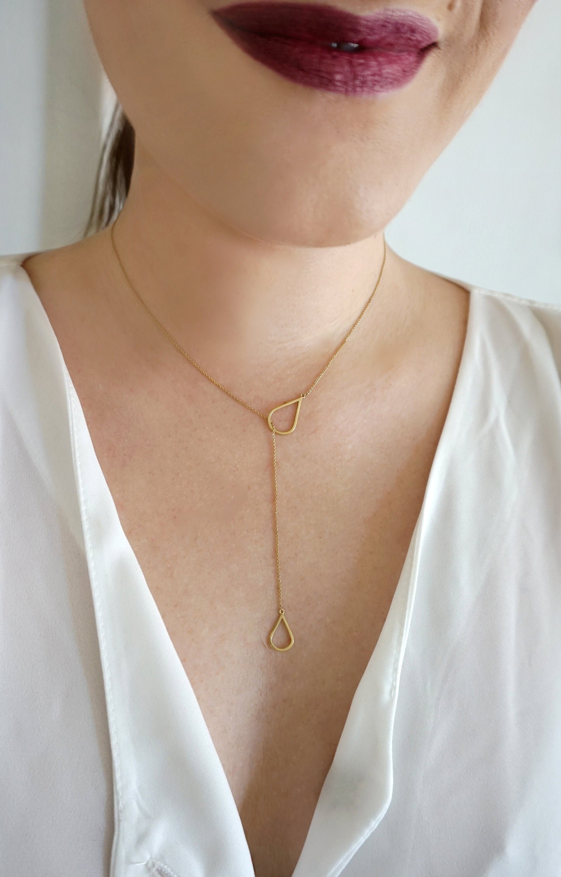 14K Gold Lariat Necklace Solid Gold Y 
