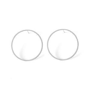 May include: A pair of silver hoop earrings with a simple circular design.