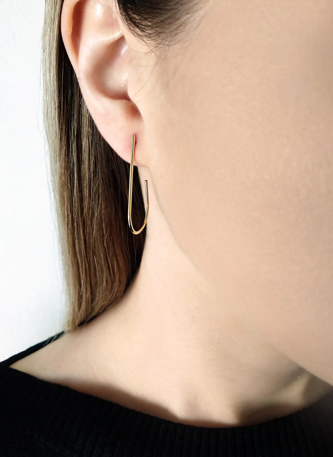 14K 9K Solid Gold Curved Bar Earrings Solid gold curved line Etsy 日本