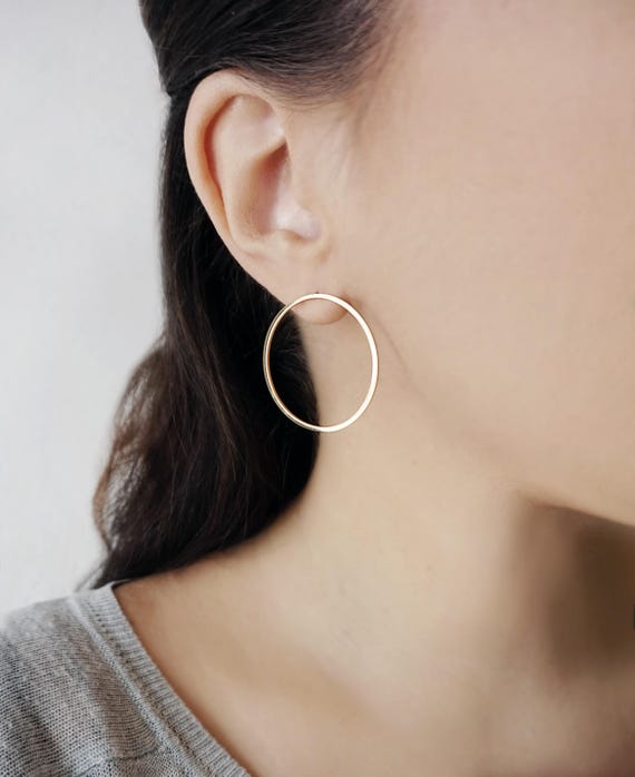14K 9K Solid Gold Big Open Circle Stud Earrings, Large Hoop Post Earrings, Geometric Earrings, Open Circle Studs, Simple Everyday Earrings