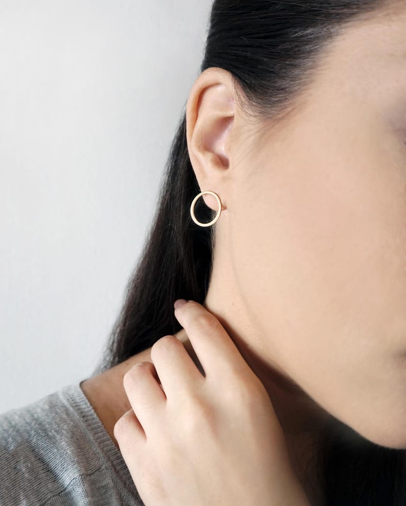 14K Solid Gold Circle Earrings, Circle Stud Earrings, Hoop Studs Posts, Geometric Earrings, Open Circle Studs, Simple Everyday Earrings, 9K image 5