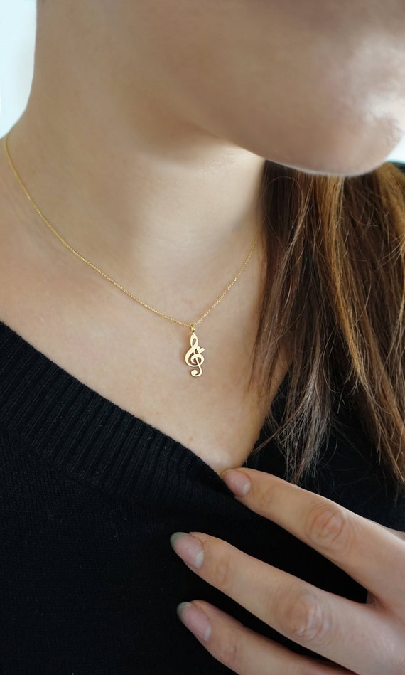 14K Gold Music Note Necklace Treble 