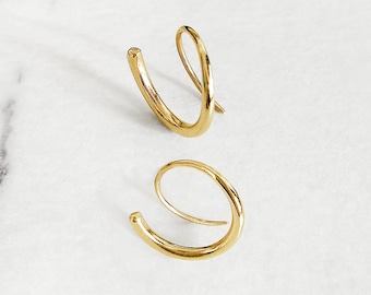 14K 9K Gold Spiral Earrings, Open Threader hoop earrings, Solid gold earrings, Simple Trendy gold earrings, Small spiral hug hoops, Huggies