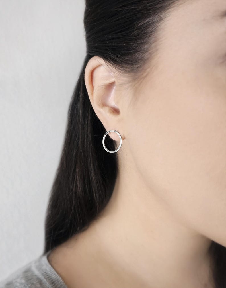 14K Solid Gold Circle Earrings, Circle Stud Earrings, Hoop Studs Posts, Geometric Earrings, Open Circle Studs, Simple Everyday Earrings, 9K image 3