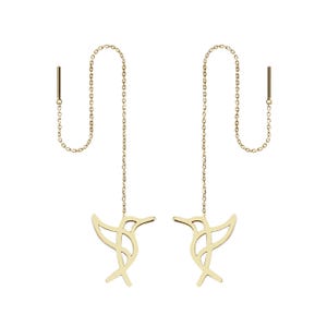 14K 9K Hummingbird Threader Earrings, Solid gold Colibri Bird Threaders, Long Chain Gold Earrings, Animal gold earrings, Origami Earrings