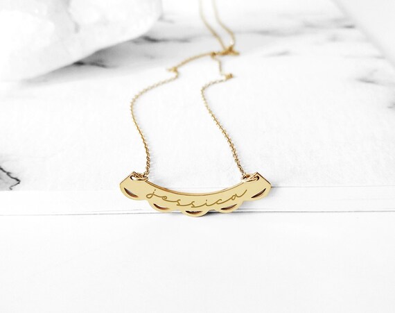 14K 9K Gold Personalized Name Bar Necklace Curved Bar Necklace