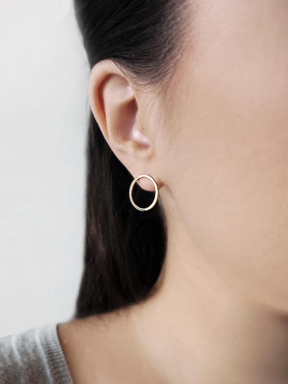 14K Solid Gold Circle Earrings, Circle Stud Earrings, Hoop Studs Posts, Geometric Earrings, Open Circle Studs, Simple Everyday Earrings, 9K