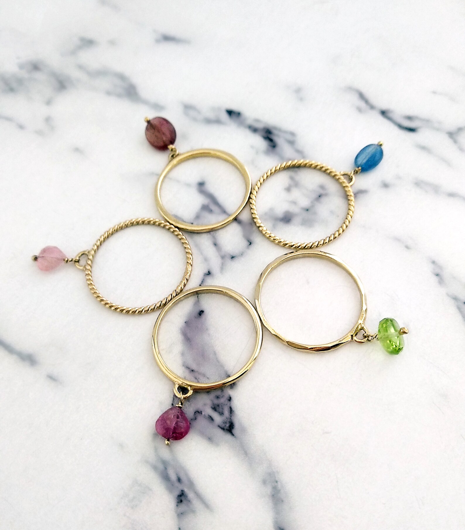 14K Gold Charm Ring Tourmaline Ring Gold Dangle Ring Etsy