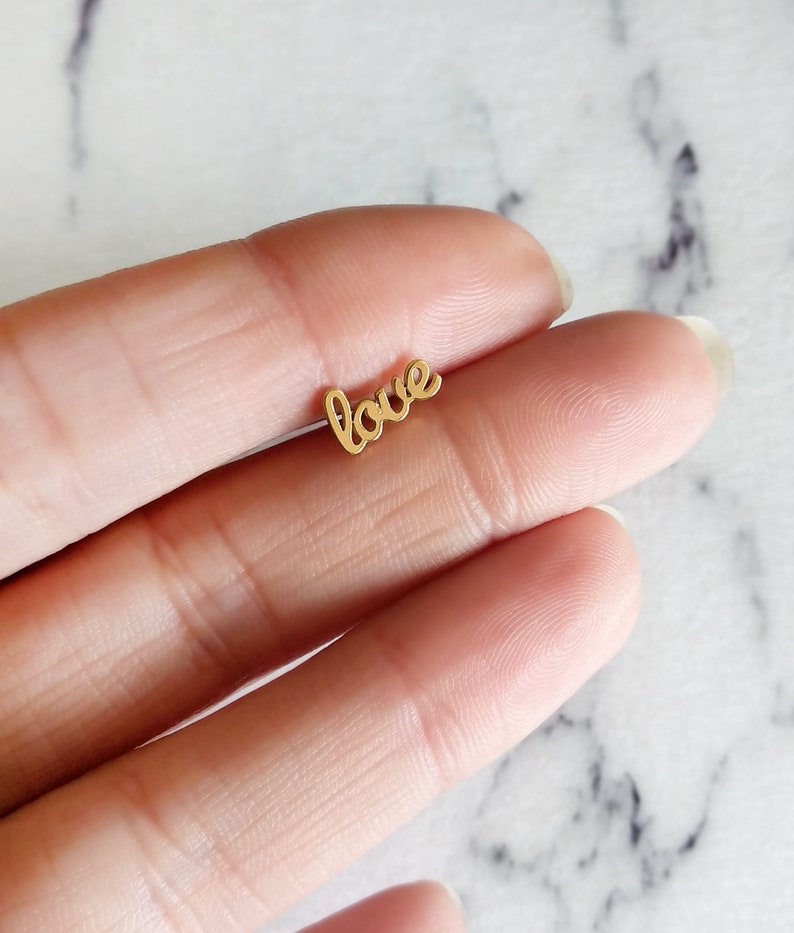 14K Love Earrings, Cursive Love Stud Earrings, Tiny love studs, Small love stud earrings, Tiny solid gold stud earrings, Girlfriend Gift, 9K image 7