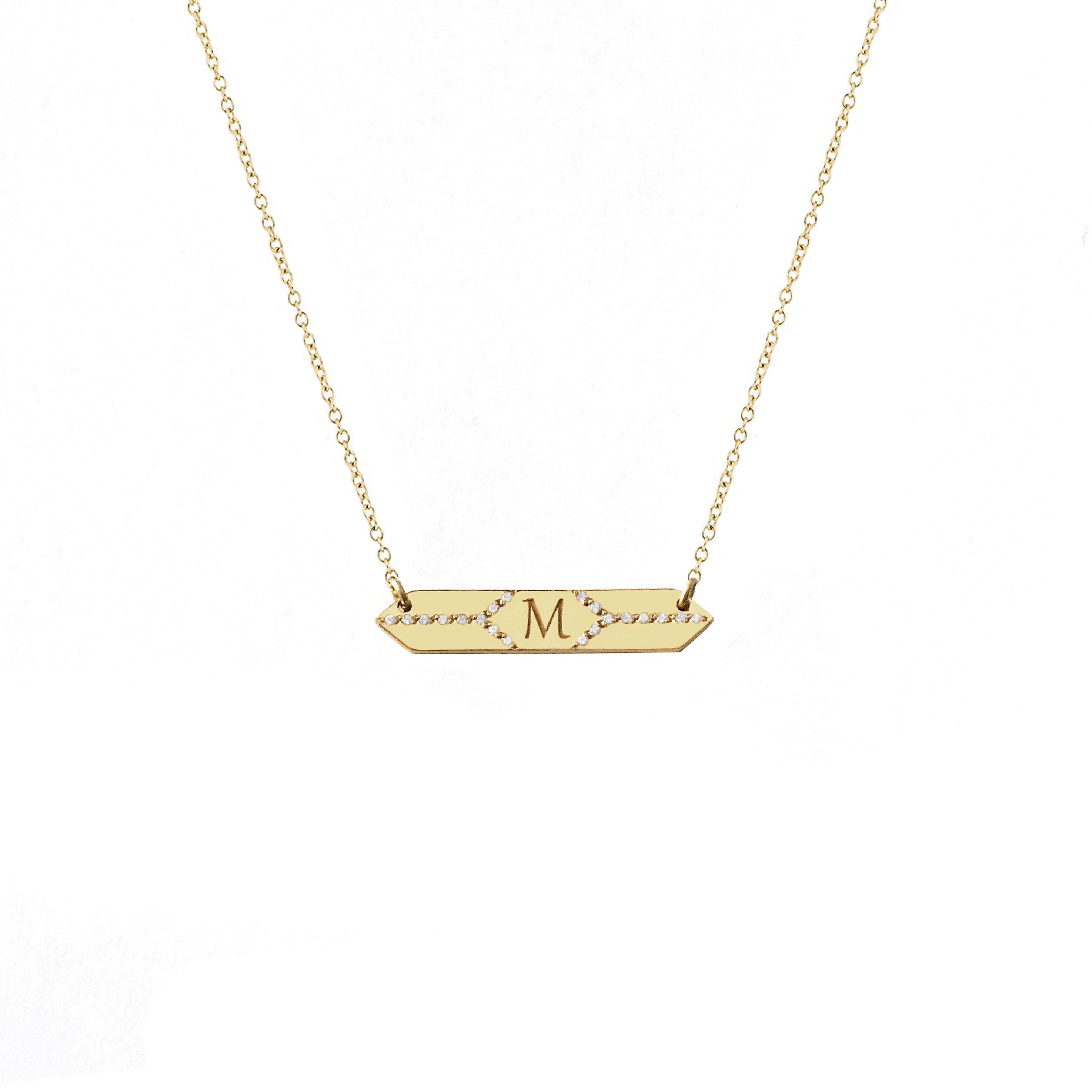 9K 14K 18K Diamond Hexagon Bar Necklace, Personalized Monogram necklace, Dainty Minimalist Diamond necklace, Solid gold geometric necklace