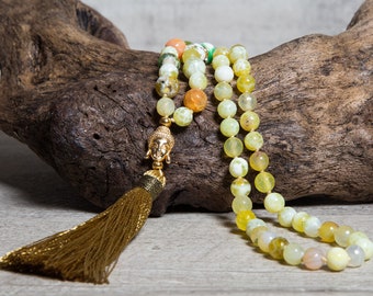 Summer Mala Necklace, Yellow Fire Agate, Real Gold Plated  Buddha's Head Guru Bead, Gold Rayon Tassel Handmade, Natural Stone Boho Jewelry