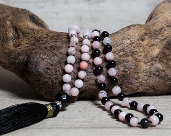 Pink Jasper and Black Obsidian Mala Long Necklace, Agate Guru Bead and Handmade Rayon Tassel, Yoga Jewelry, Cotton Anniversary Gift for Her