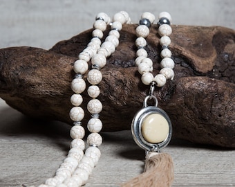 Beige Howlite Long Beaded Necklace with Silver Hematite, Ivory Stone Pendant and Handmade Tassel, Boho Jewelry Gifts