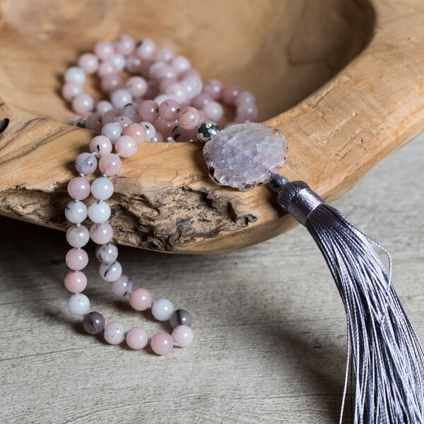 Cherry Blossom JASPER MALA Necklace, Silver Polygon Hematite, Bright Pink AGATE Guru Bead and Silver Gray Tassel, New Mom One of a Kind Gift