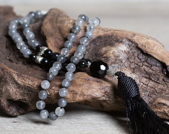 Natural Cloudy Quartz n' Obsidian Mala Necklace with Black Long Tassel, Smokey Beaded Boho Jewelry, Unique Gift for Meditation