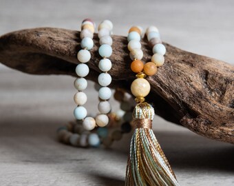 Matte Amazonite and Aventurine Mala Necklace with Amazonite Guru Bead and Rainbow Handmade Tassel, Unique Boho Jewelry