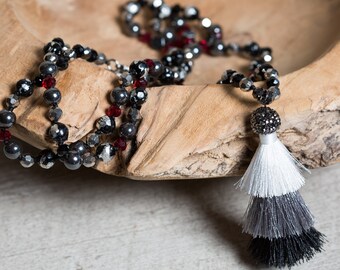 Long Hematite Tassel Necklace, Steel Gray and Black Beaded Jewelry, Unique Bohemian Handmade Gifts