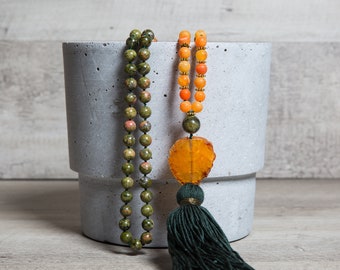Green Unakite n' Dark Orange Agate Mala Necklace, Raw Agate Geode Guru Bead, Green Cotton Handmade Tassel