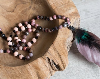 Rhodonite n' Lava Long Knotted Necklace, Feather Pendant Strass Paved Cap, One of a kind Gift for Wife