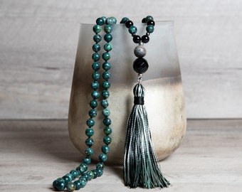 African Turquoise Mala Necklace with Matte Aventurine, Agate Guru Bead, Green Black Handmade Tassel, Long Boho Jewelry