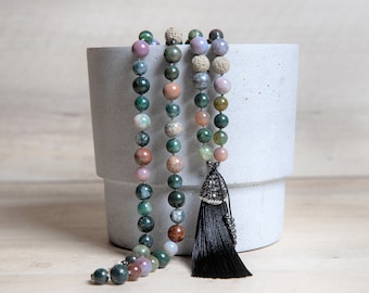 Genuine Indian Agate Long Tassel Necklace with Gray Hematite Beaded Tassel, Boho Necklace Gift for Her, 40th Birthday Gifts for Women