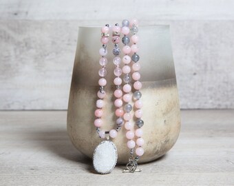 Cherry Blossom Jasper Necklace, Smokey n' Rose Quartz, Druzy Agate Pendant, Boho Jewelry Gift for New Mom