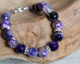 Large Purple Agate Beaded Bracelet, Rhinestones and Hematite, Bohemian Bracelet, Jewelry Set Gift for Wife