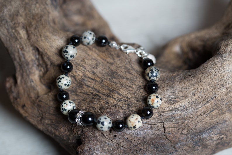 Dalmatian Jasper n' Black Agate Beaded Bracelet with image 1