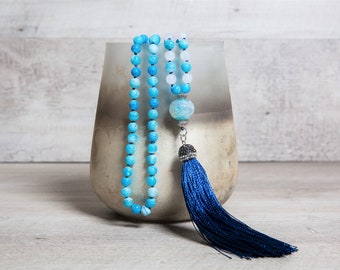 Frosted Crackle Agate Mala Necklace with Handmade Rayon Tassel, Deep Sky Blue Long Necklace, One of a kind Boho Jewelry