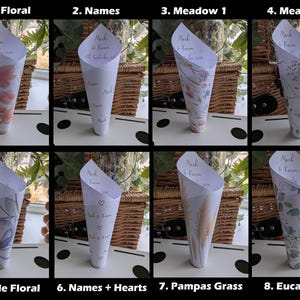 Op de afbeelding: Acht papieren kegels met verschillende ontwerpen, waaronder roze bloemen, namen, weide, paarse bloemen, pampasgras en eucalyptus. Elke kegel heeft de tekst "Mark & Karen" en een datum. De kegels worden op een wit oppervlak gepresenteerd.
