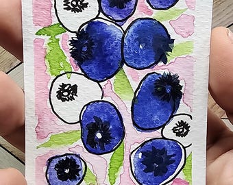 Original Blue Floral Mixed Media Art Card – Watercolor Ink Miniature Painting