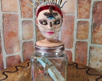 Distorted Darlings - Hand-Altered Doll Head Jar Artifact, Three-Eyed Seraphina Shard