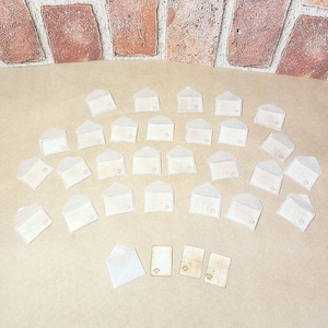 May include: A set of 30 small, clear envelopes with a white interior, arranged in a circle on a brown surface. Three rectangular cards with a brown background and a paw print design are also included.