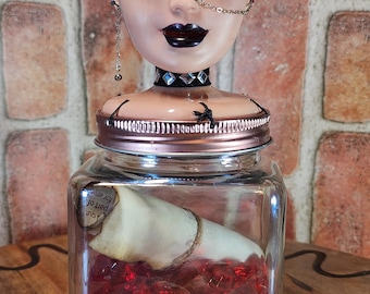 Distorted Darlings Veronica Vex Gothic Curiosity Jar – Hand-Altered Doll Head Sculpture