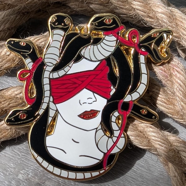 Medusas gaze Shibari enamel pin, rope label badge