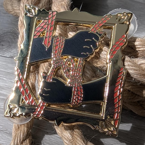 Frame of Mind Shibari enamel pin, rope label badge