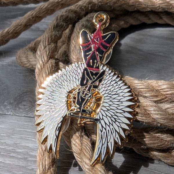 Divine Suspension Shibari enamel pin, rope label badge