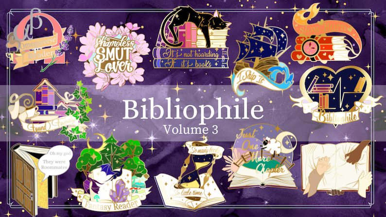May include: A set of 10 enamel pins featuring book-themed designs. The pins are gold-toned with colorful enamel accents. The designs include a cat sleeping on books, a ship with a book as a sail, a heart with a heartbeat line and books, a book with a door, a book with a clock, a book with a moon and a sheep, a book with a hand reaching out, a book with a tree and a crystal, a book with a clock and the words "So much to read", and a book with the words "Shameless Smut Lover".