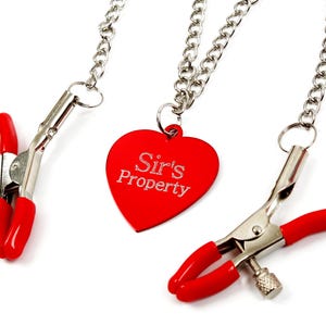 Red Nipple Clamps with Chain & Heart Charm, Sir's Property, BDSM, Fetish Clamps, Beginner-Friendly, perfect for submissives