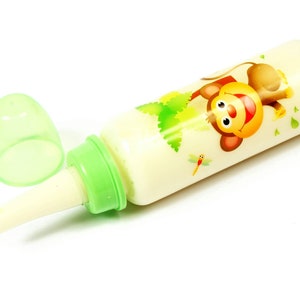 Custom adult baby bottles. Long, fast flow teat on 240ml abdl bottle. Adorable jungle design with monkey print. Ideal for ddlg/ little space