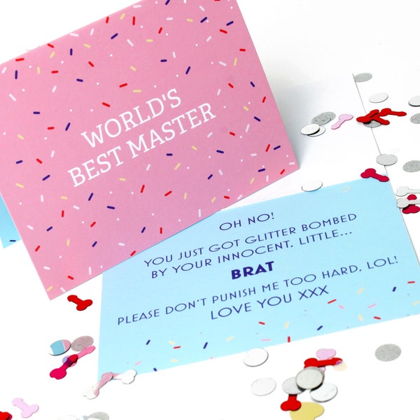 World's best Master glitter bomb card. Perfect way to brat your Dom! Being the best brat possible sending your Dominant a glitter bomb card