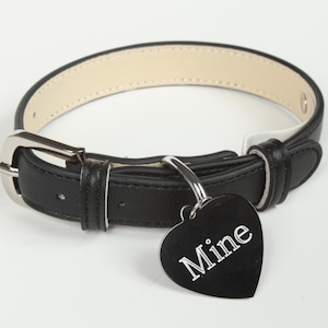 Mine Bondage Collar in black leather, custom engraved tag. Available in petite, standard or plus sizes. Bondage Collars for slaves and subs
