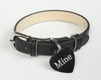 Mine Bondage Collar in black leather, custom engraved tag. Available in petite, standard or plus sizes. Bondage Collars for slaves and subs