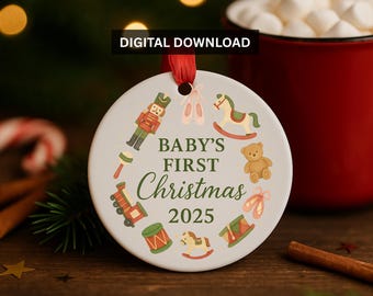 Baby’s First Christmas Ornament 2025 PNG, Round Ceramic Ornament Sublimation Design, Digital Download, Christmas Keepsake for New Baby