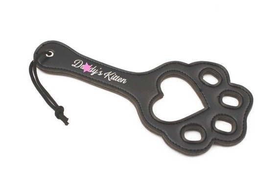 BDSM flogger. Faux leather daddy's kitten paw print black custom spanking flogger. Pet play toys for kittens and littles