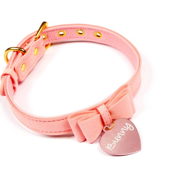 Pet play bunny BDSM collar. Faux leather with a metal tag engraved with the words shown. Ideal for DDLG submissives and ABDL. Mature