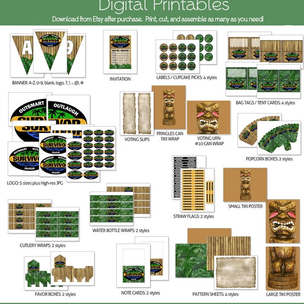 Survivor TV Show Party Printables -- DIGITAAL -- Aanpasbare uitnodigingen! Plus logo's, stembiljetten, banner, gunsten, tiki's en meer!