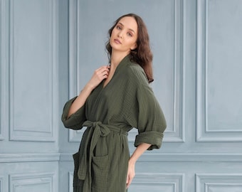 Green Cotton Unisex Gauze Robe, Long Lightweight Cotton Bathrobe